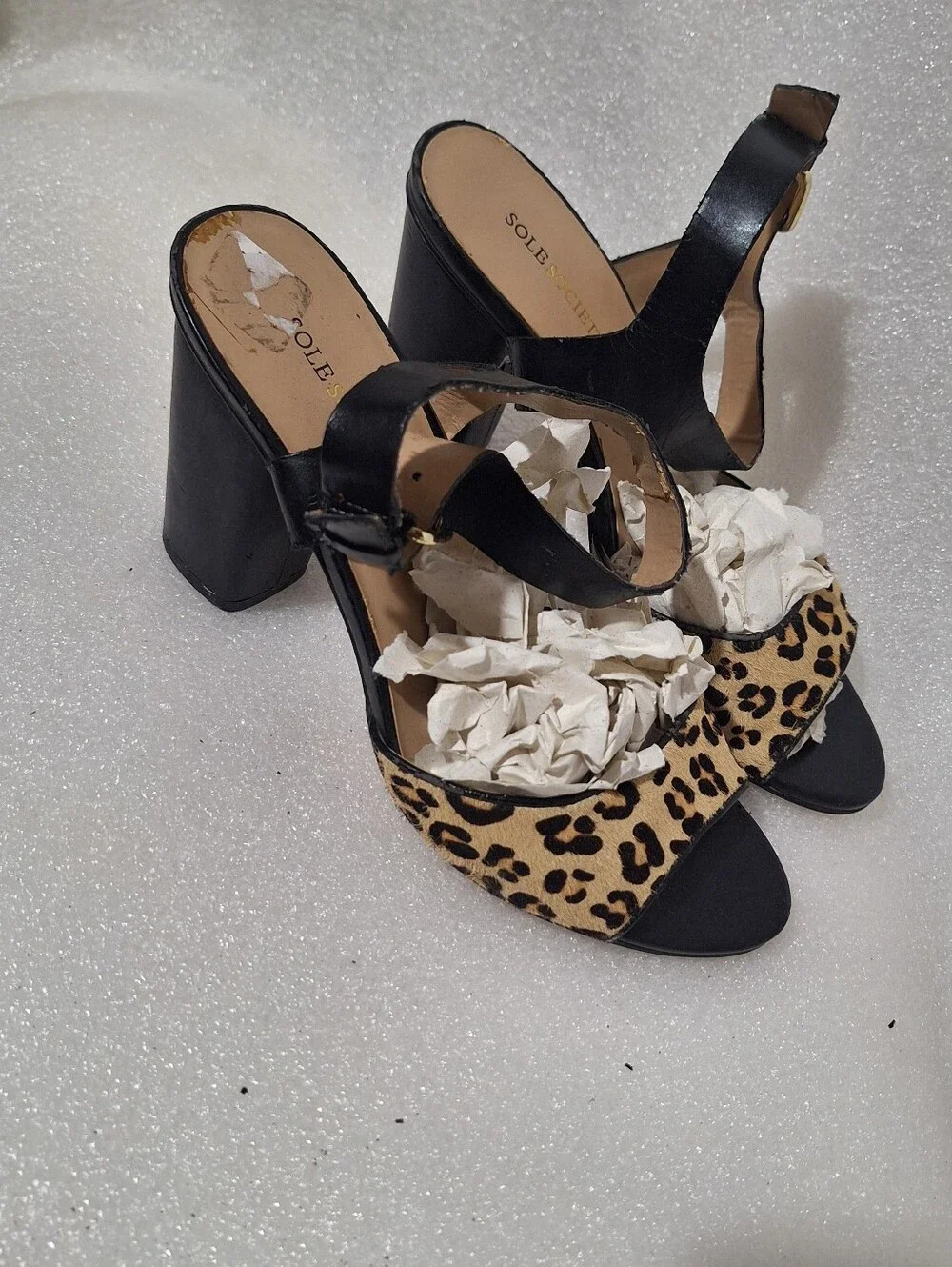 Leopard Print and Black Block Heel Sandals - Women